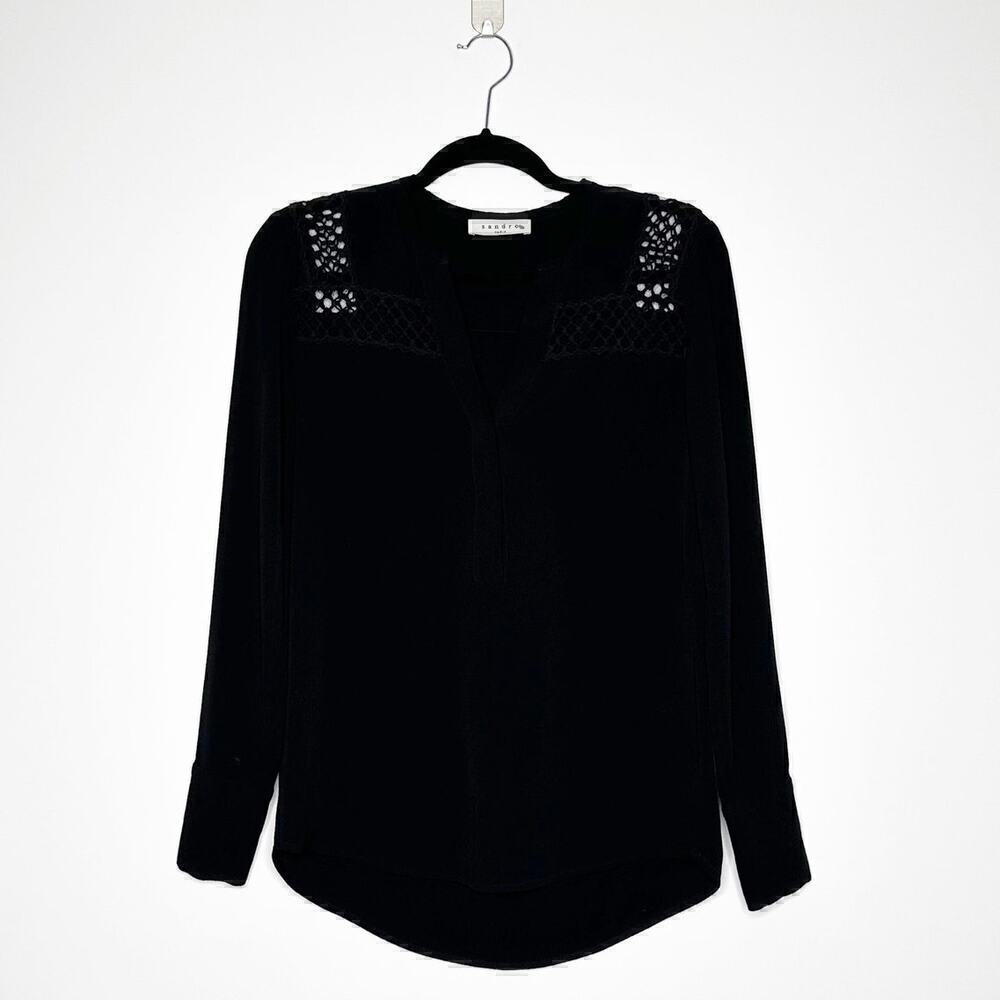 Sandro V-Neck Long Sleeve Blouse Lace Shoulder Women's Black Size 1 US Small